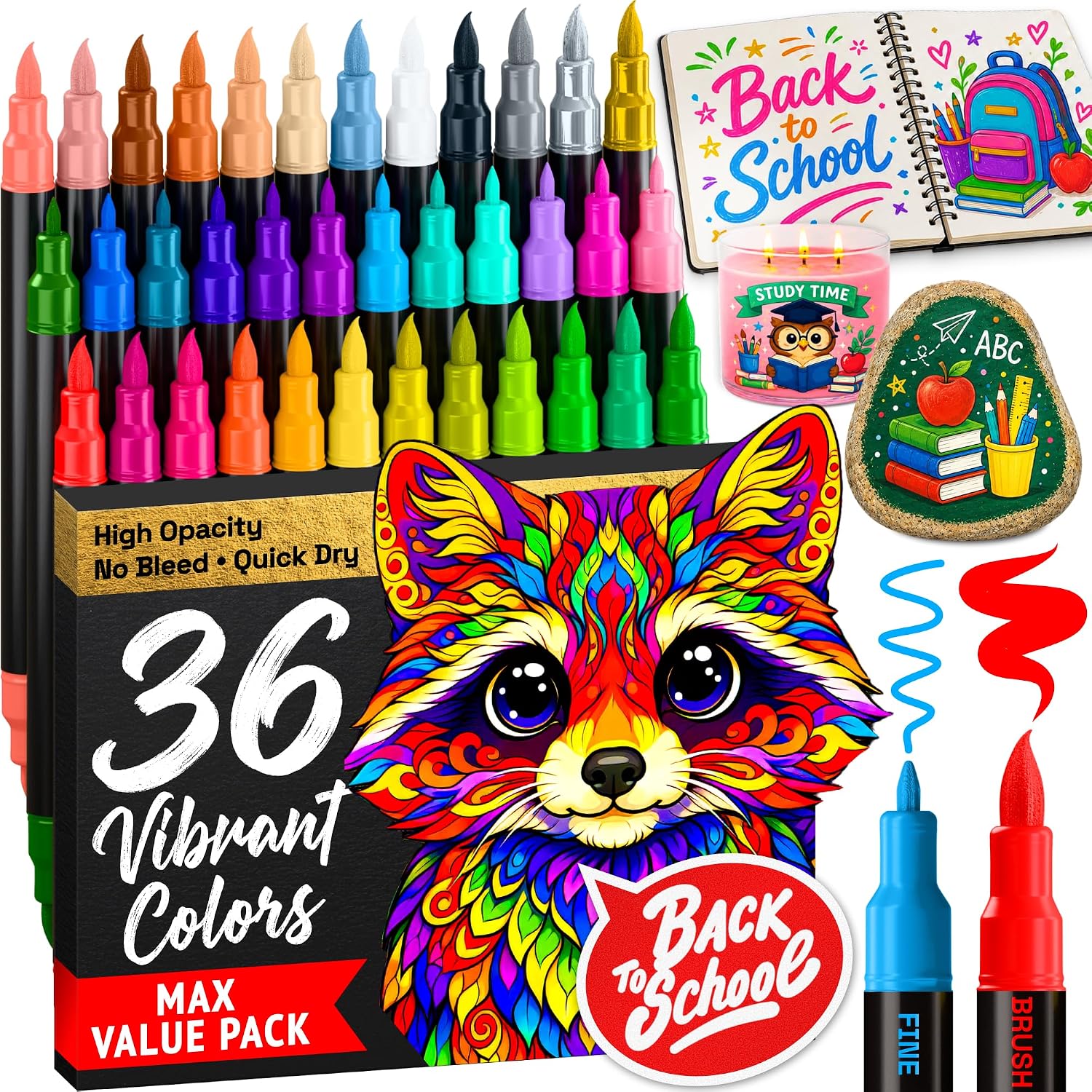 ARTISTRO 36 Acrylic Paint Markers - Paint Pens for Drawing - For Fabric. Rock. Glass. Wood. Molds - Arts & Crafts Gift for Adults. Teens. Kids. Classroom Must Haves & School Supplies